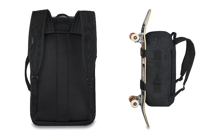 Black 25L Mission Street Backpack Straps, on right strapped with a skateboard